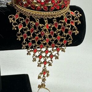 Elegant Gold-Tone Ring Wrist Bracelet with Red Teardrop Stones